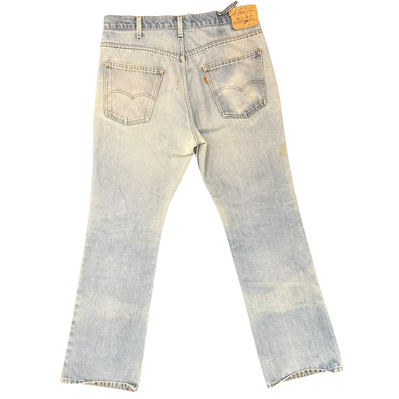 Levis Light Wash Orange Tab Flairs w/ Stains broken belt loop