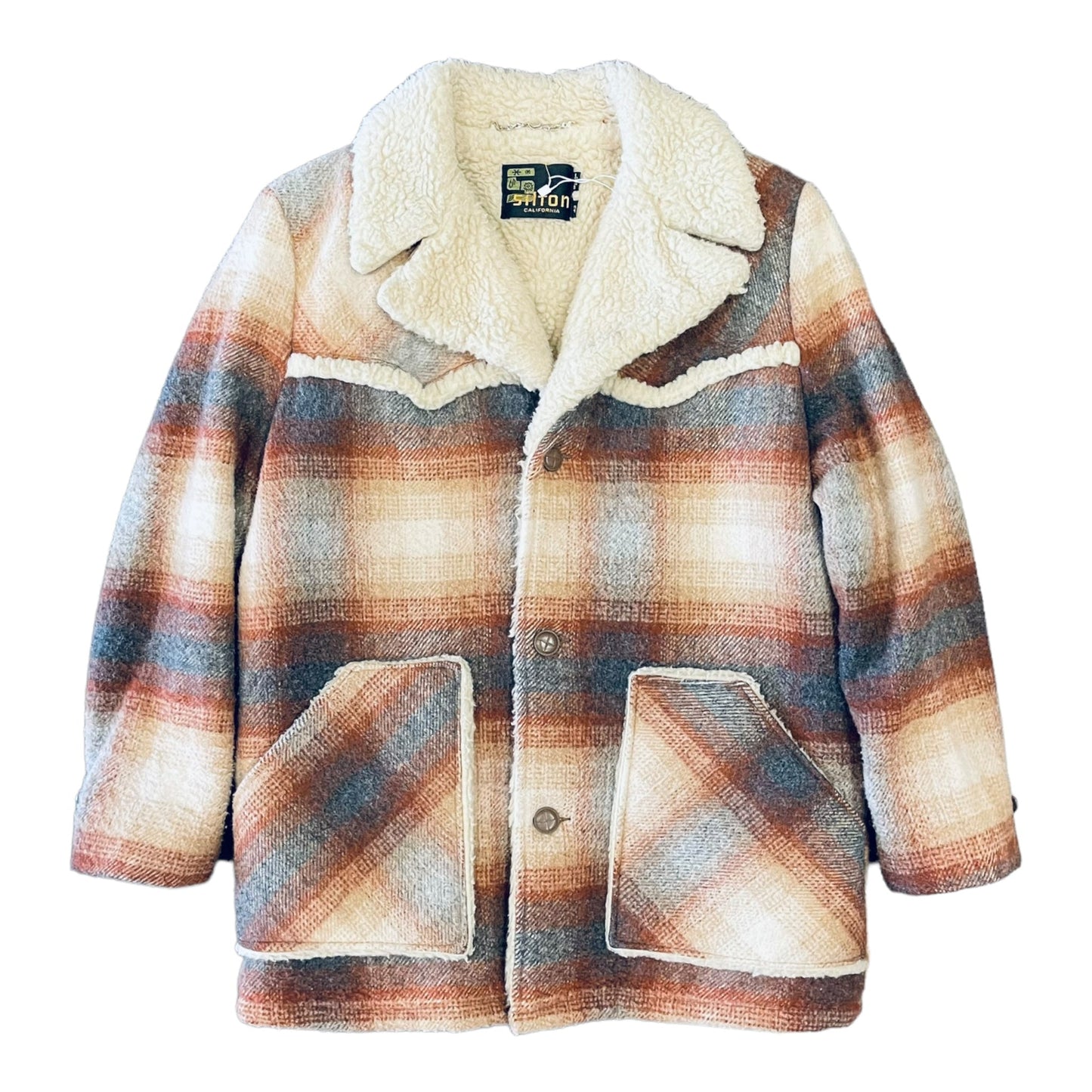 70's Silton Sherpa Lined Plaid Wool Coat - L - 2c